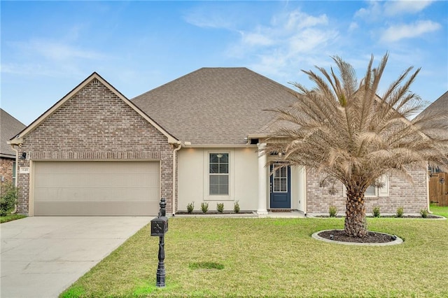 view of front of property featuring a garage, a shingled roof, concrete driveway, a front lawn, and brick siding