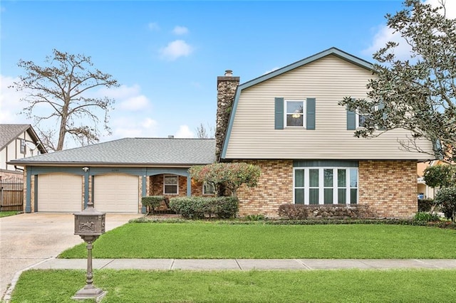 view of front facade with driveway, a chimney, an attached garage, and a front yard