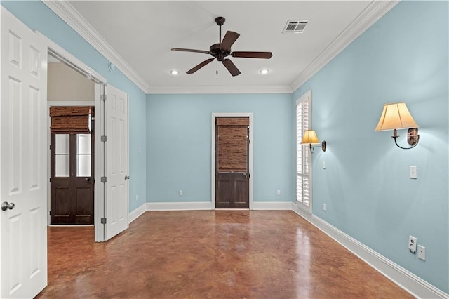 unfurnished room with recessed lighting, concrete floors, visible vents, baseboards, and ornamental molding