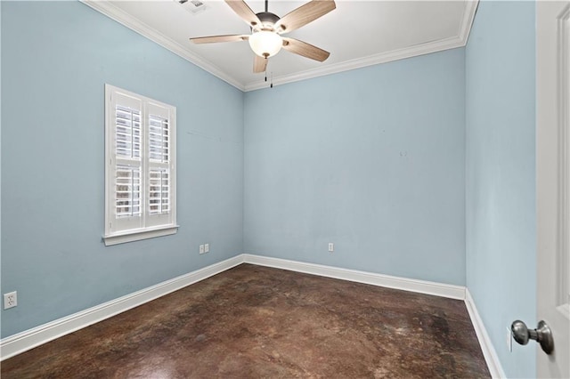 empty room with crown molding, concrete floors, baseboards, and a ceiling fan