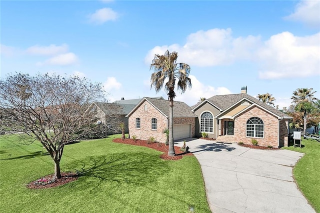 view of front facade with concrete driveway, a front lawn, an attached garage, and brick siding