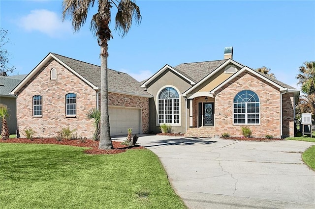 ranch-style home featuring an attached garage, brick siding, driveway, and a front lawn