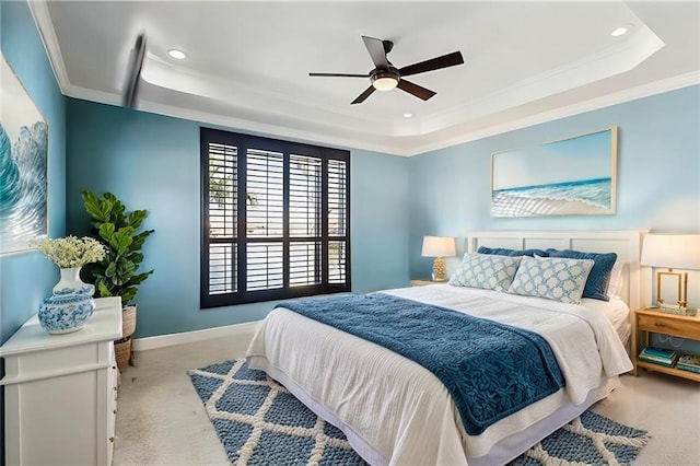 1042 Mariners Cove Blvd, Slidell, LA 70458 - carpeted bedroom featuring a tray ceiling, ornamental molding, recessed lighting, and a ceiling fan
