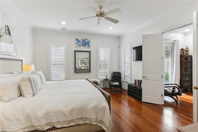 bedroom with dark wood-type flooring, recessed lighting, crown molding, and ceiling fan