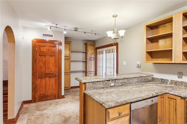 5116 Franklin Ave, New Orleans, LA 70122 - kitchen featuring stainless steel dishwasher, open shelves, a peninsula, light stone countertops, and arched walkways