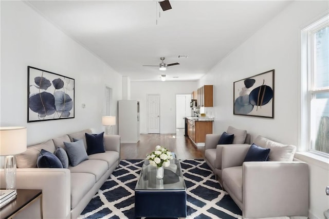 living area featuring visible vents, a ceiling fan, and wood finished floors