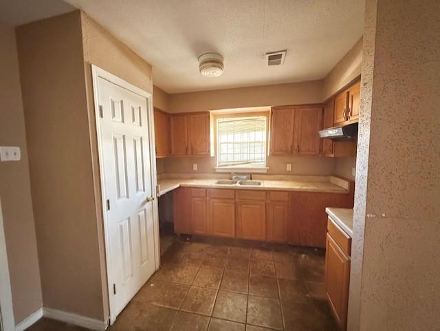 2340 Rex Pl, New Orleans, LA 70125 - kitchen featuring visible vents, dark tile patterned flooring, light countertops, under cabinet range hood, and a sink