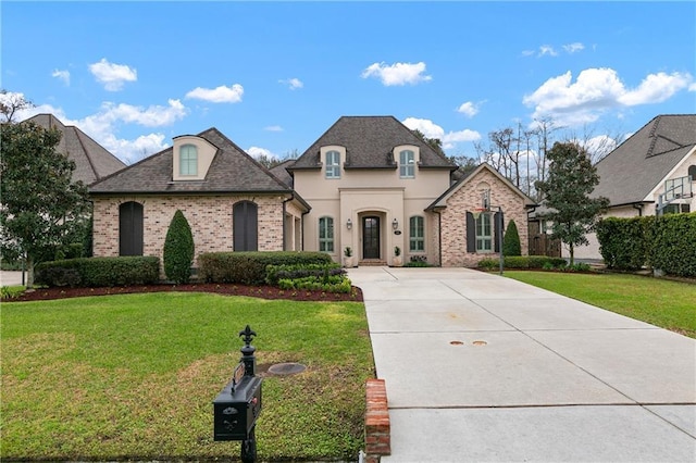 french country style house featuring driveway, brick siding, roof with shingles, a front yard, and stucco siding