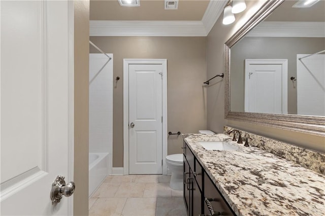 full bathroom featuring visible vents, toilet, ornamental molding, tub / shower combination, and vanity