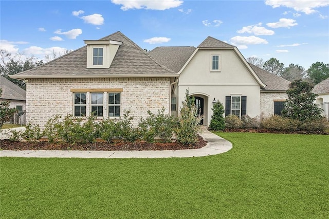 french country home with a front lawn, a shingled roof, and brick siding