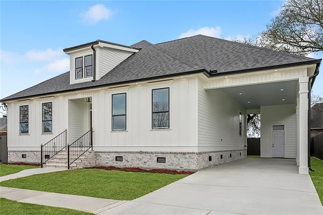 view of front of home featuring entry steps, crawl space, roof with shingles, and driveway