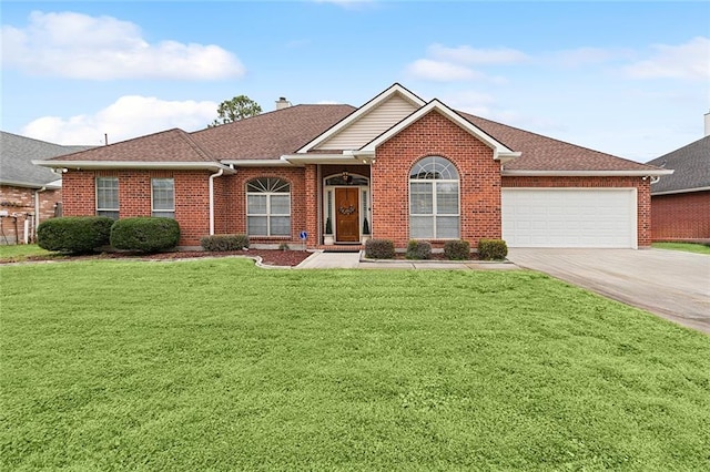 ranch-style house featuring brick siding, a chimney, an attached garage, a front yard, and driveway