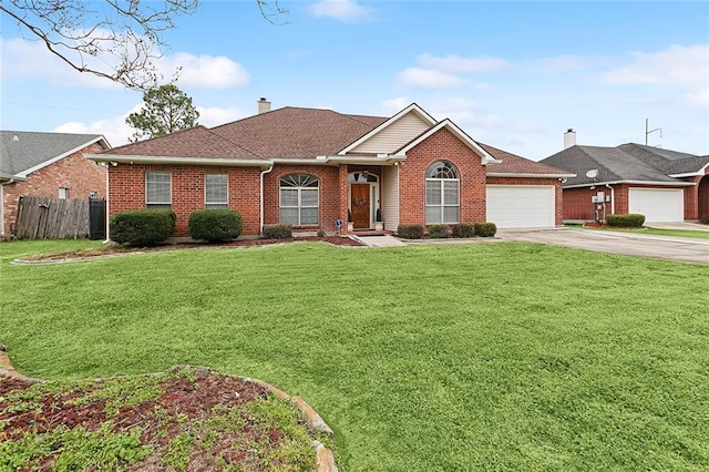 ranch-style house featuring a front yard, brick siding, fence, and driveway