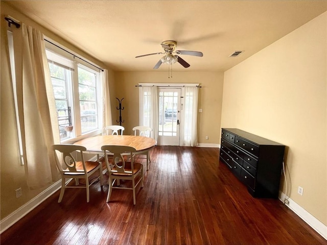 dining area with plenty of natural light, visible vents, dark wood finished floors, and baseboards