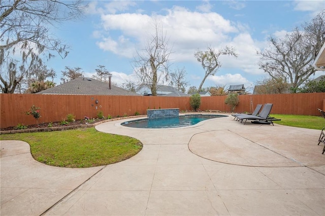 view of pool featuring a fenced in pool, a fenced backyard, a patio, and a lawn