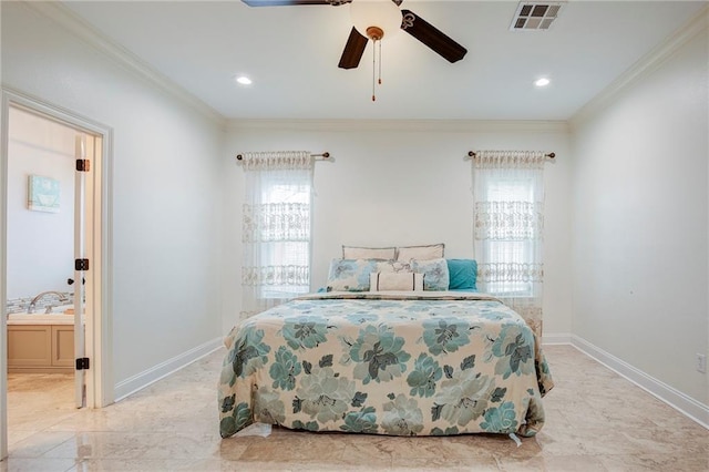 bedroom featuring multiple windows, visible vents, and crown molding