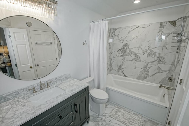 full bath with toilet, recessed lighting, vanity, marble finish floor, and shower / bath combo