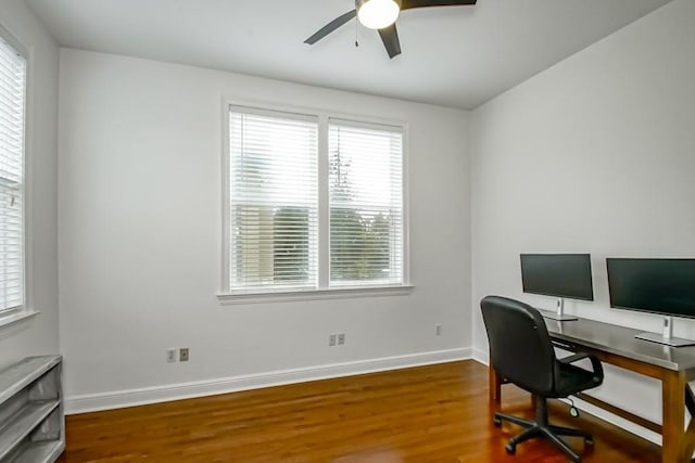 office area with ceiling fan, wood finished floors, and baseboards