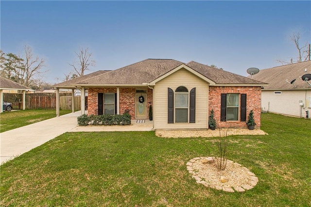 ranch-style home featuring brick siding, a shingled roof, fence, concrete driveway, and a front lawn