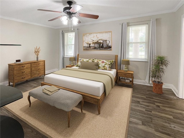 bedroom featuring dark wood-style floors, ceiling fan, baseboards, and crown molding