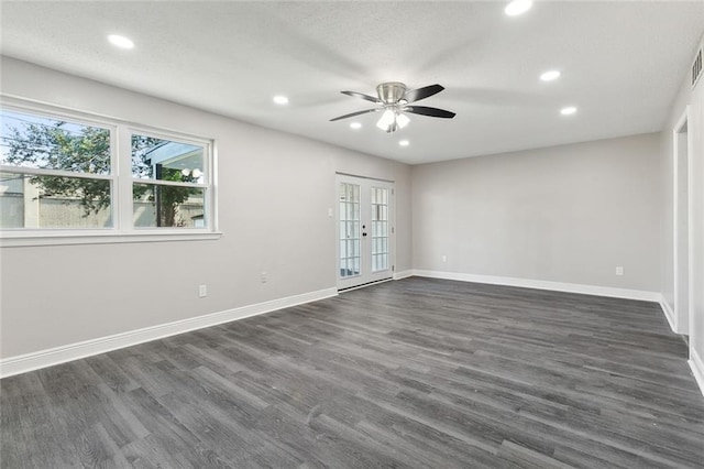 empty room with baseboards, a ceiling fan, dark wood-style floors, french doors, and recessed lighting