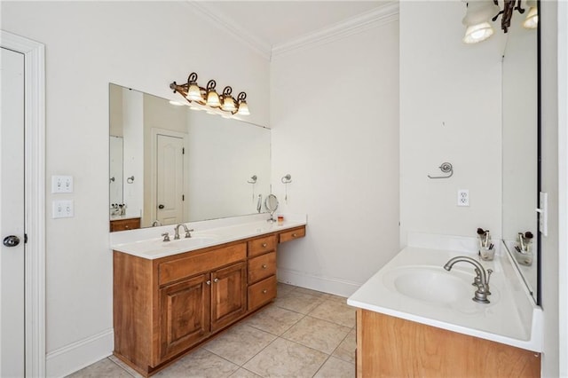 bathroom with crown molding, two vanities, a sink, and tile patterned floors