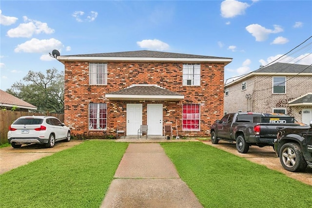 view of front of home featuring a front yard, brick siding, and fence