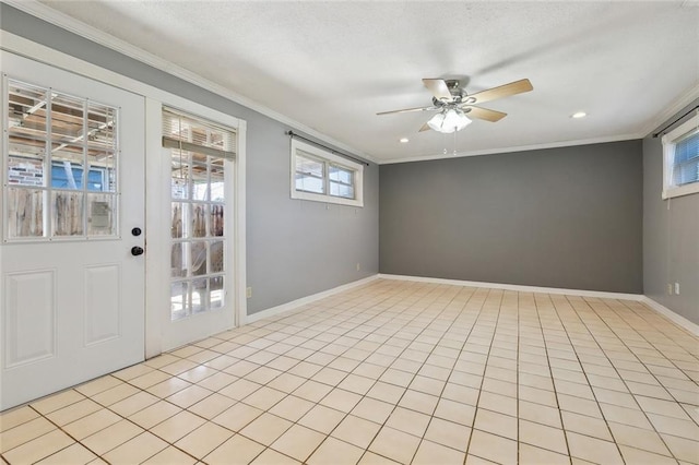 spare room with light tile patterned floors, recessed lighting, a ceiling fan, baseboards, and ornamental molding