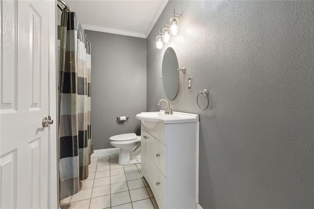 full bath with toilet, ornamental molding, vanity, a shower with curtain, and tile patterned floors