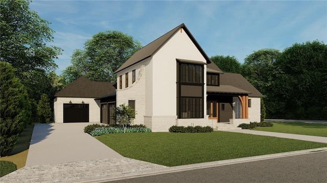 view of front of house with concrete driveway, a front lawn, an attached garage, and stucco siding