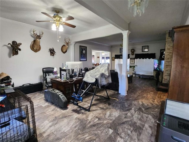 interior space with ceiling fan, ornamental molding, and decorative columns