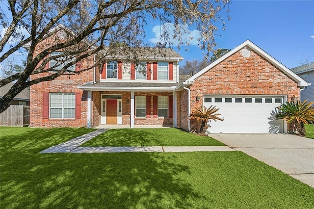 traditional-style home with a garage, concrete driveway, brick siding, and a front lawn