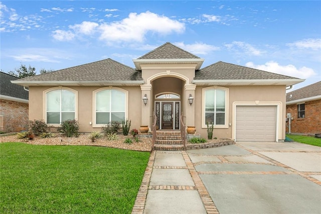 ranch-style house featuring concrete driveway, stucco siding, a front yard, and an attached garage