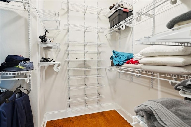 walk in closet with wood finished floors