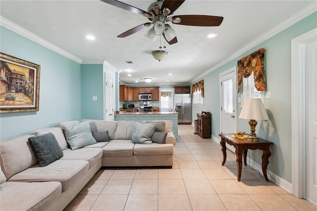 4929 Kawanee Ave, Metairie, LA 70006 - living room with crown molding, recessed lighting, light tile patterned flooring, a ceiling fan, and baseboards