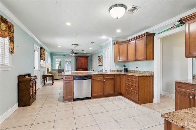 4929 Kawanee Ave, Metairie, LA 70006 - kitchen with stainless steel dishwasher, open floor plan, crown molding, a sink, and brown cabinets