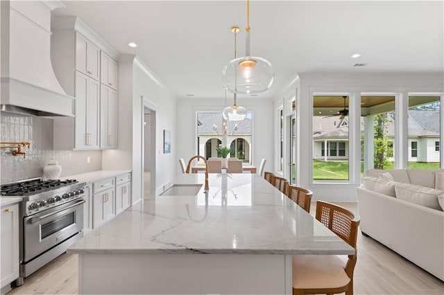 4221 Cypress Point Dr, Covington, LA 70433 - kitchen featuring a sink, premium range hood, high end stainless steel range oven, and a healthy amount of sunlight