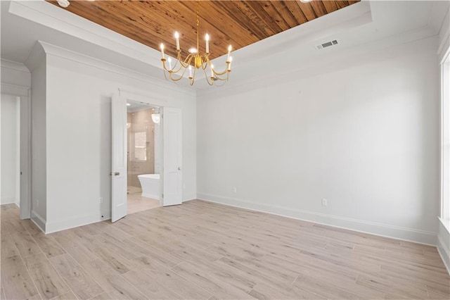 4221 Cypress Point Dr, Covington, LA 70433 - empty room featuring visible vents, an inviting chandelier, a raised ceiling, wooden ceiling, and light wood-style flooring