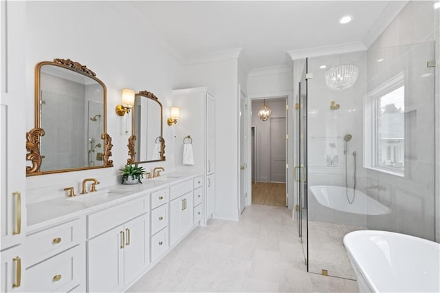 4221 Cypress Point Dr, Covington, LA 70433 - bathroom with a sink, a freestanding tub, a stall shower, and ornamental molding