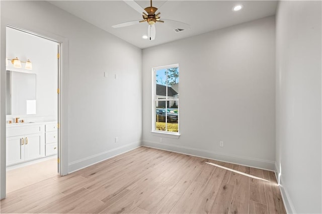 4221 Cypress Point Dr, Covington, LA 70433 - spare room featuring visible vents, baseboards, recessed lighting, a ceiling fan, and light wood-style flooring