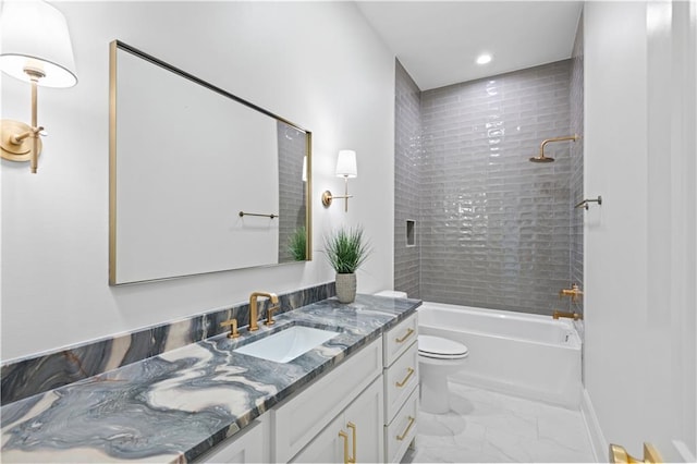 4221 Cypress Point Dr, Covington, LA 70433 - bathroom featuring vanity, marble finish floor, toilet, bathtub / shower combination, and recessed lighting