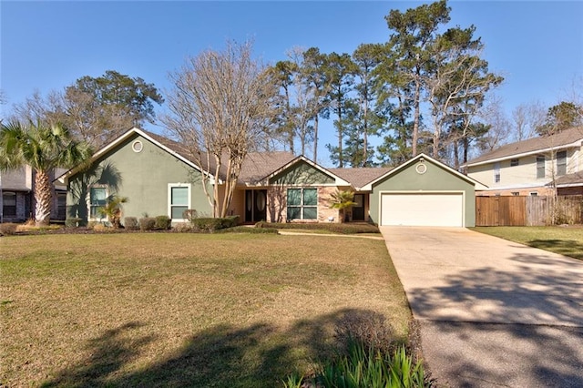 ranch-style home featuring a garage, concrete driveway, fence, a front yard, and stucco siding