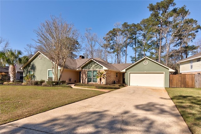 ranch-style house featuring driveway, a garage, a front lawn, and stucco siding