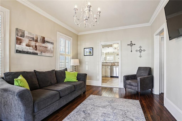 living room with ornamental molding, dark wood finished floors, and baseboards