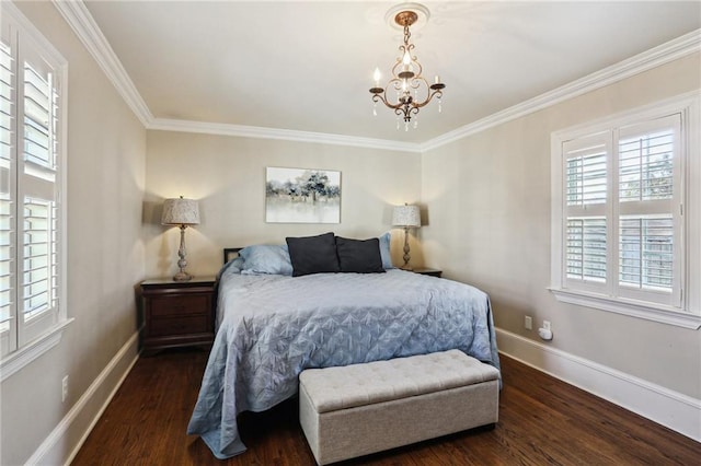 bedroom with baseboards, dark wood-type flooring, and ornamental molding