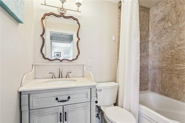 full bathroom featuring toilet, shower / bath combo, decorative backsplash, and vanity