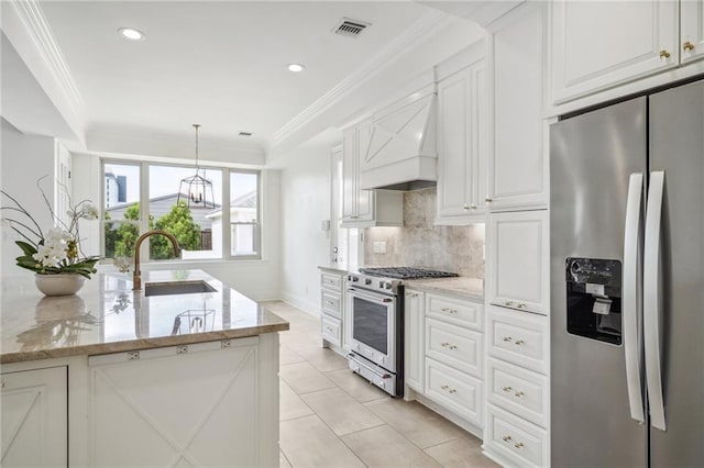 kitchen with light stone counters, custom exhaust hood, stainless steel appliances, crown molding, and a sink