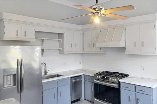 kitchen with tasteful backsplash, white cabinets, custom range hood, stainless steel appliances, and a sink