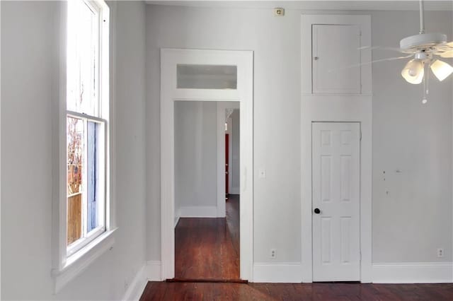 hallway featuring dark wood-style floors, plenty of natural light, and baseboards