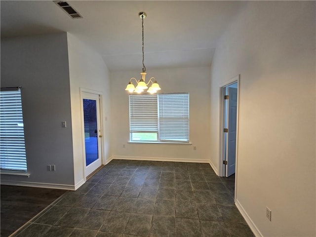 unfurnished dining area featuring vaulted ceiling, visible vents, a notable chandelier, and baseboards